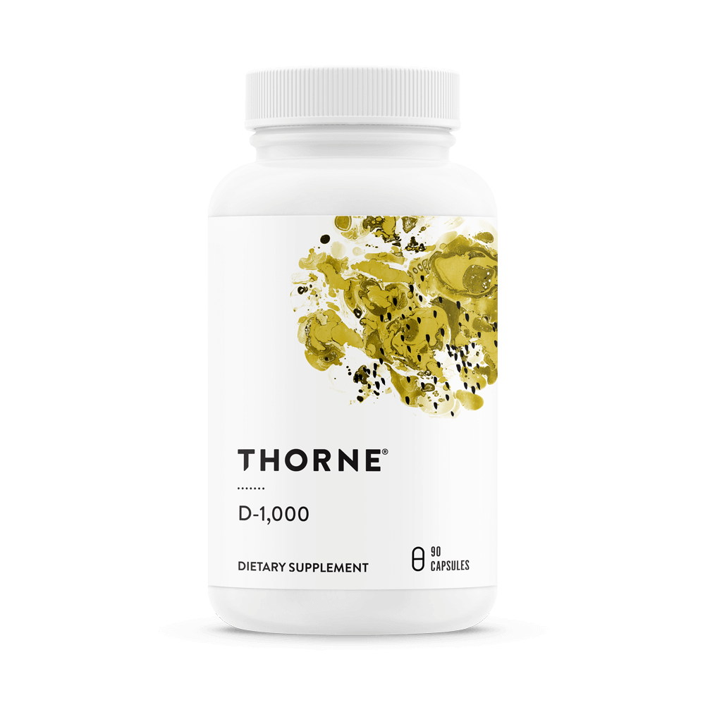 A bottle of thorne d-1,000 dietary supplement on a white background.