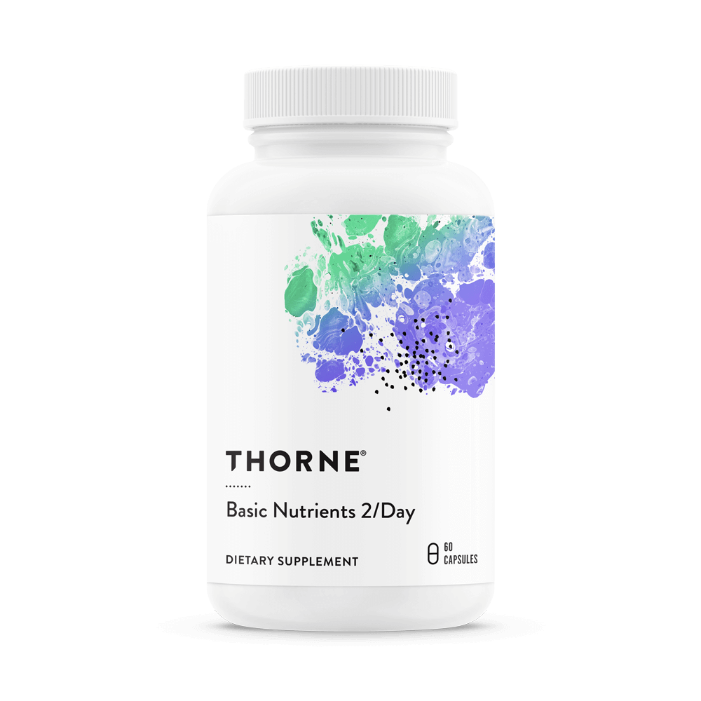 A bottle of thorne basic nutrients 2 / day on a white background.