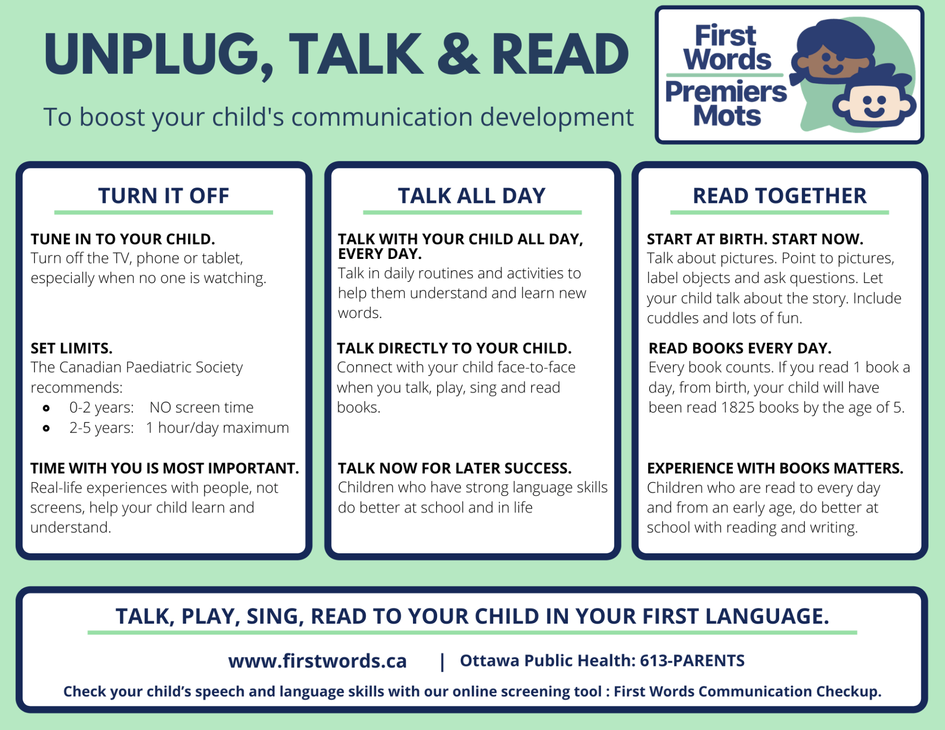 Click to download this handout! A poster that says unplug , talk and read to boost your child 's communication development.