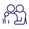 Two people in a supportive embrace; one with an arm around the other's shoulders, dark blue line art.