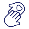 Two hands holding each other, one with a heart symbol.