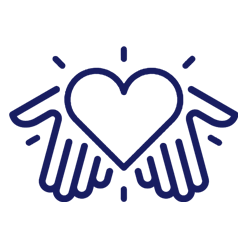 Hands cupping a heart, symbolizing care and support, with radiating lines.