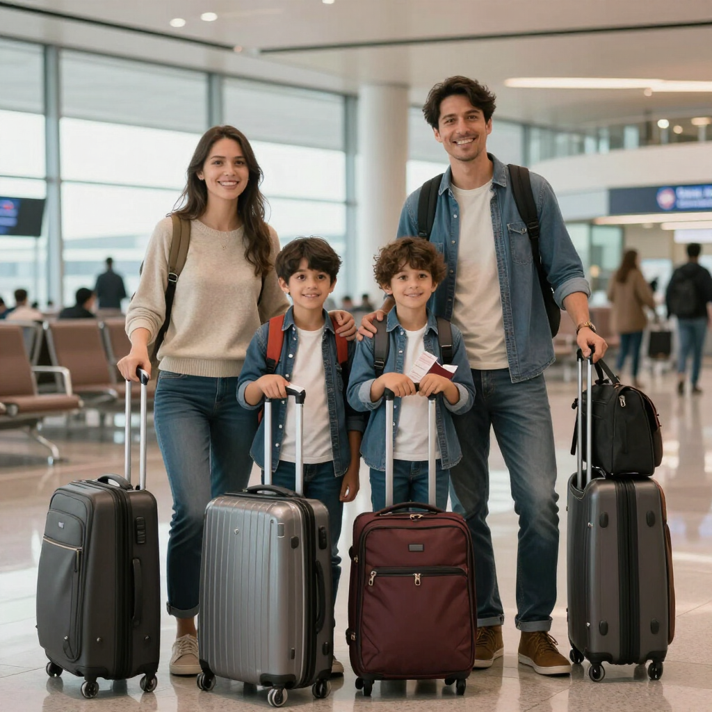 Familia con equipaje en una terminal de aeropuerto, sonriendo y lista para viajar.