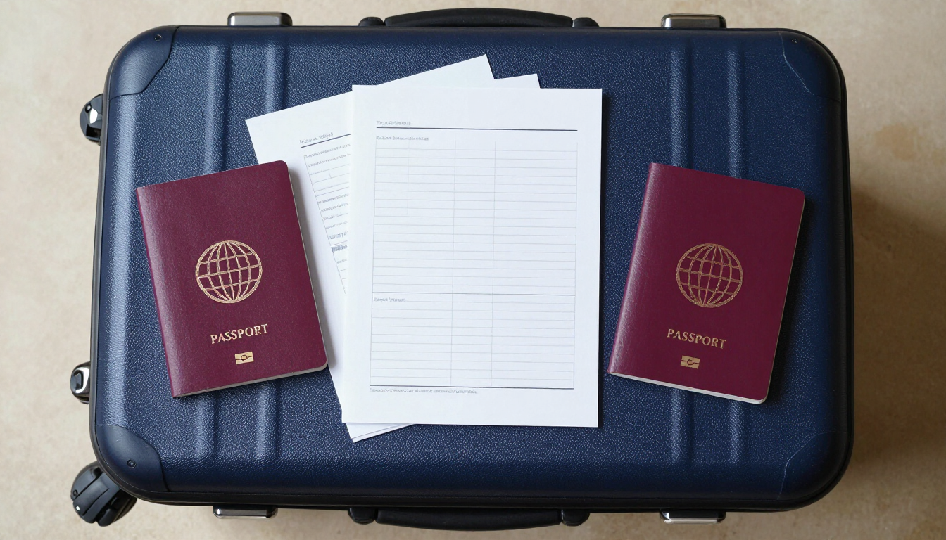 Dos pasaportes color burdeos junto a unos papeles sobre una maleta azul oscuro