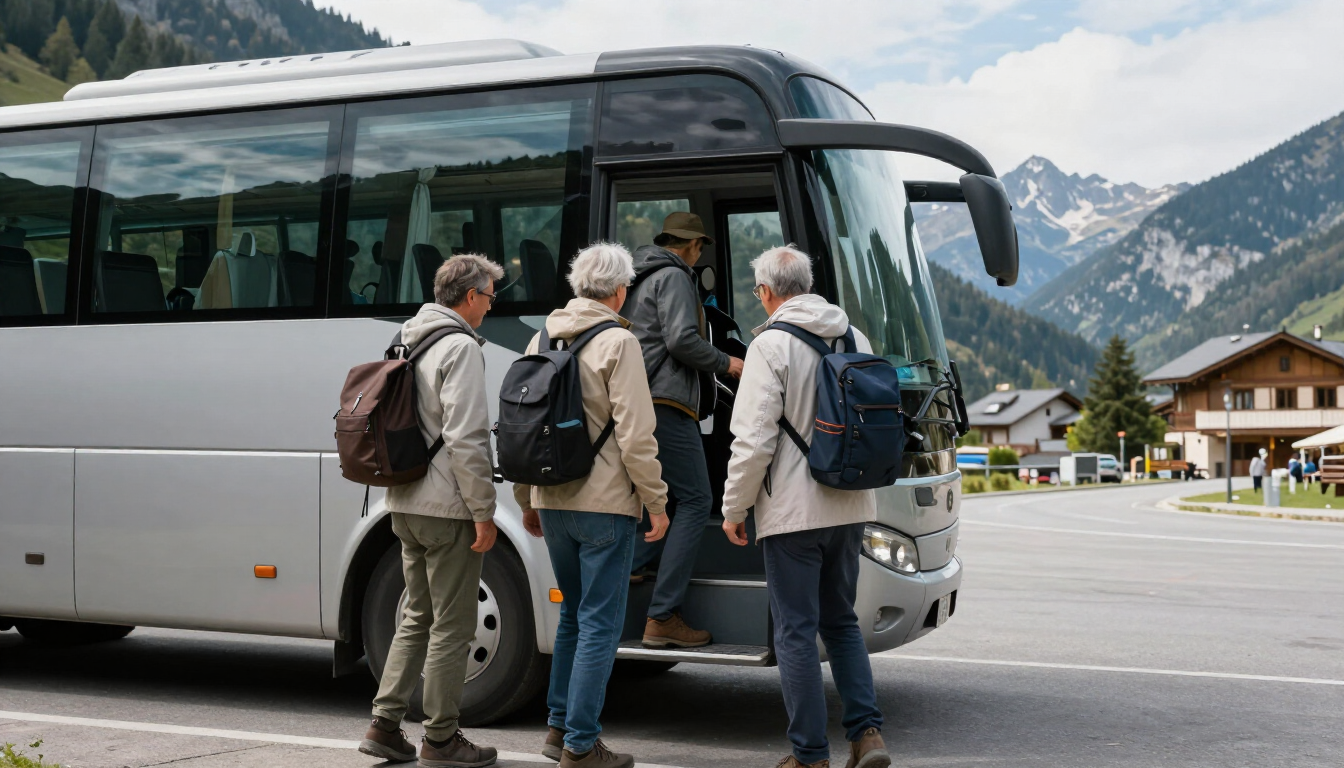 Tres viajeros con mochilas subiendo a un autocar plateado en un aparcamiento de montaña
