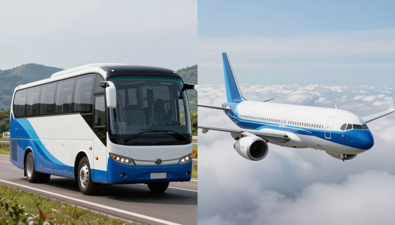 Autocar blanco y azul junto a un avión de pasajeros que vuela sobre las nubes y las montañas