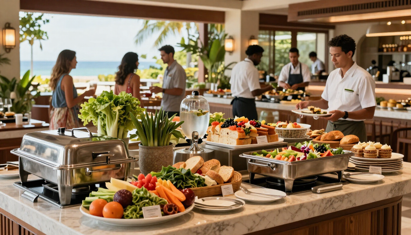Buffet del hotel con bollería, fruta y platos calientes; huéspedes y personal se mezclan en un comedor luminoso.