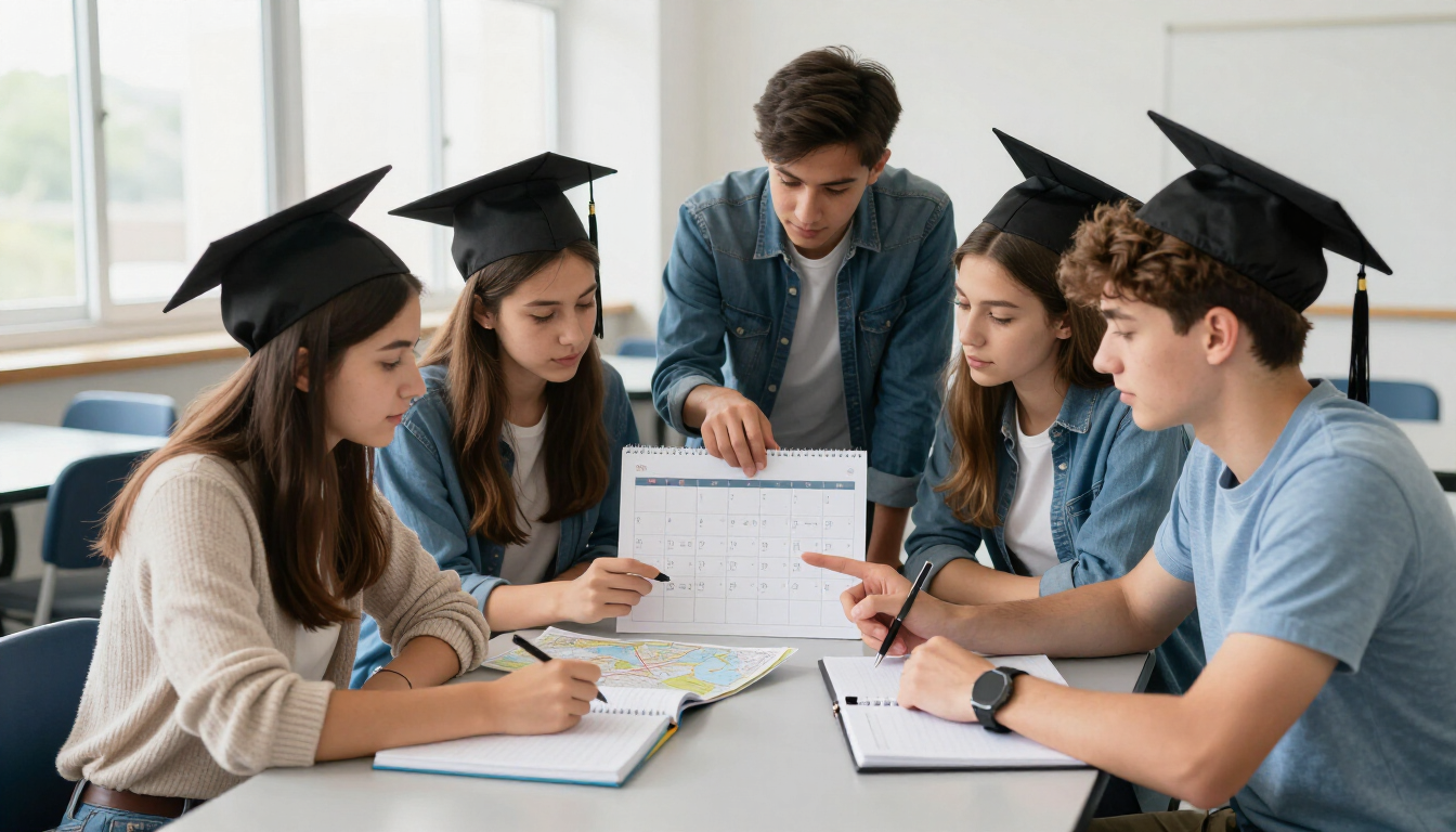 Estudiantes con birretes de graduación revisan gráficos con un profesor en un aula
