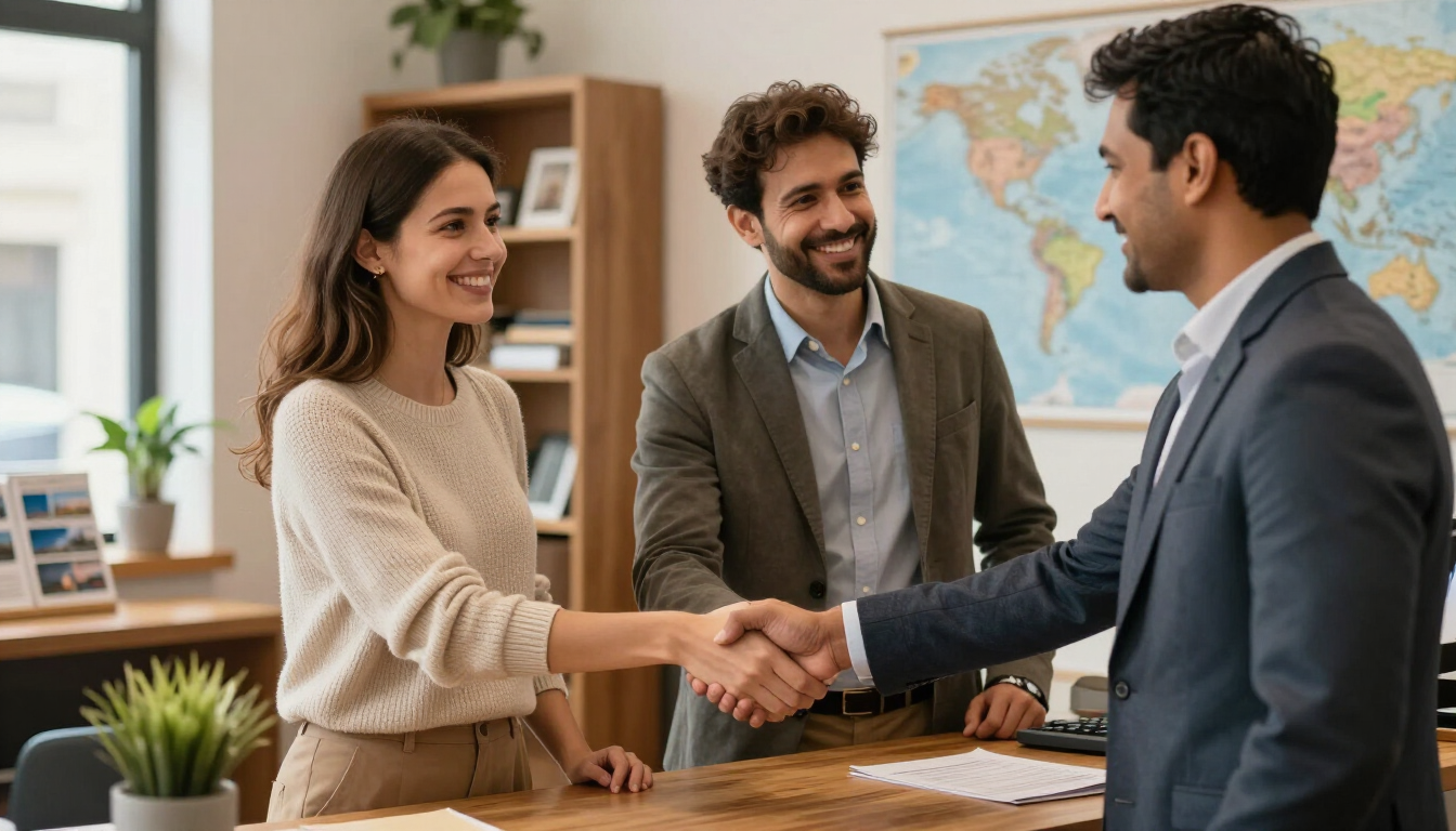 Dos empresarios se estrechan la mano sobre un escritorio en una oficina luminosa, mientras un colega sonriente los observa.