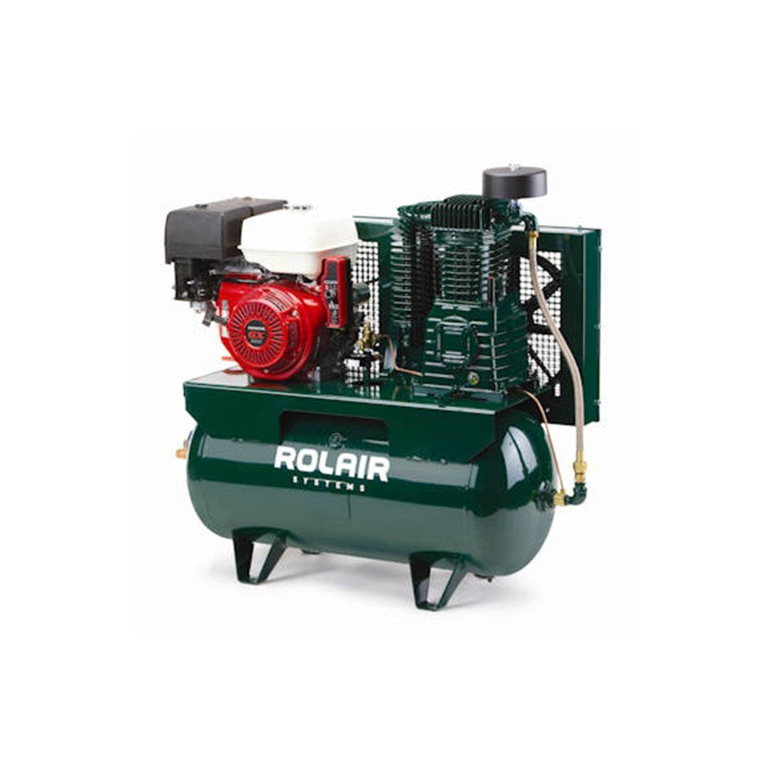 A green air compressor with a red engine on a white background.