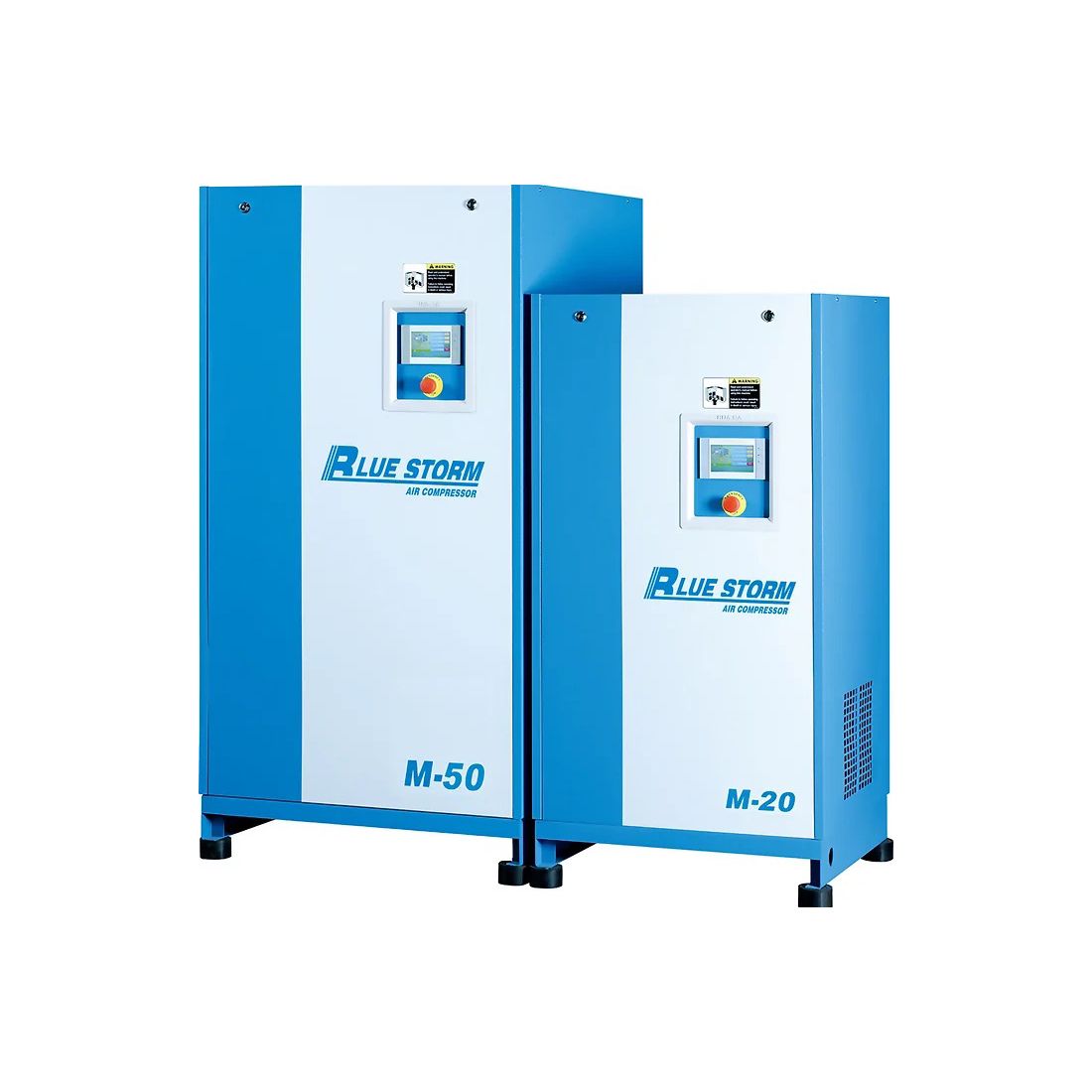 Two blue and white air compressors are sitting next to each other on a white background.