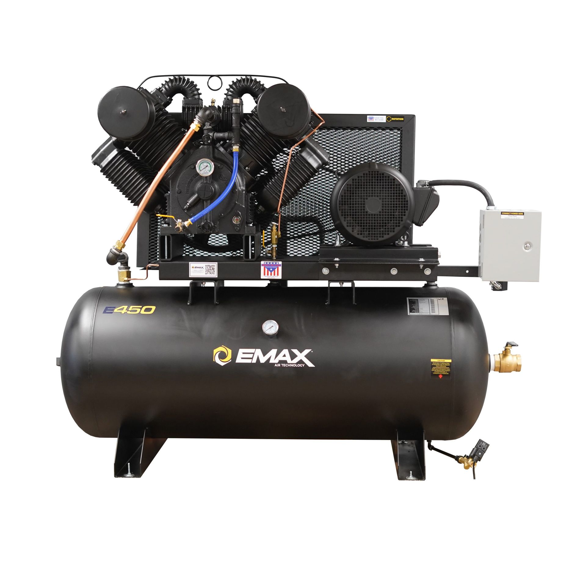 A yellow air compressor is sitting on a white surface.