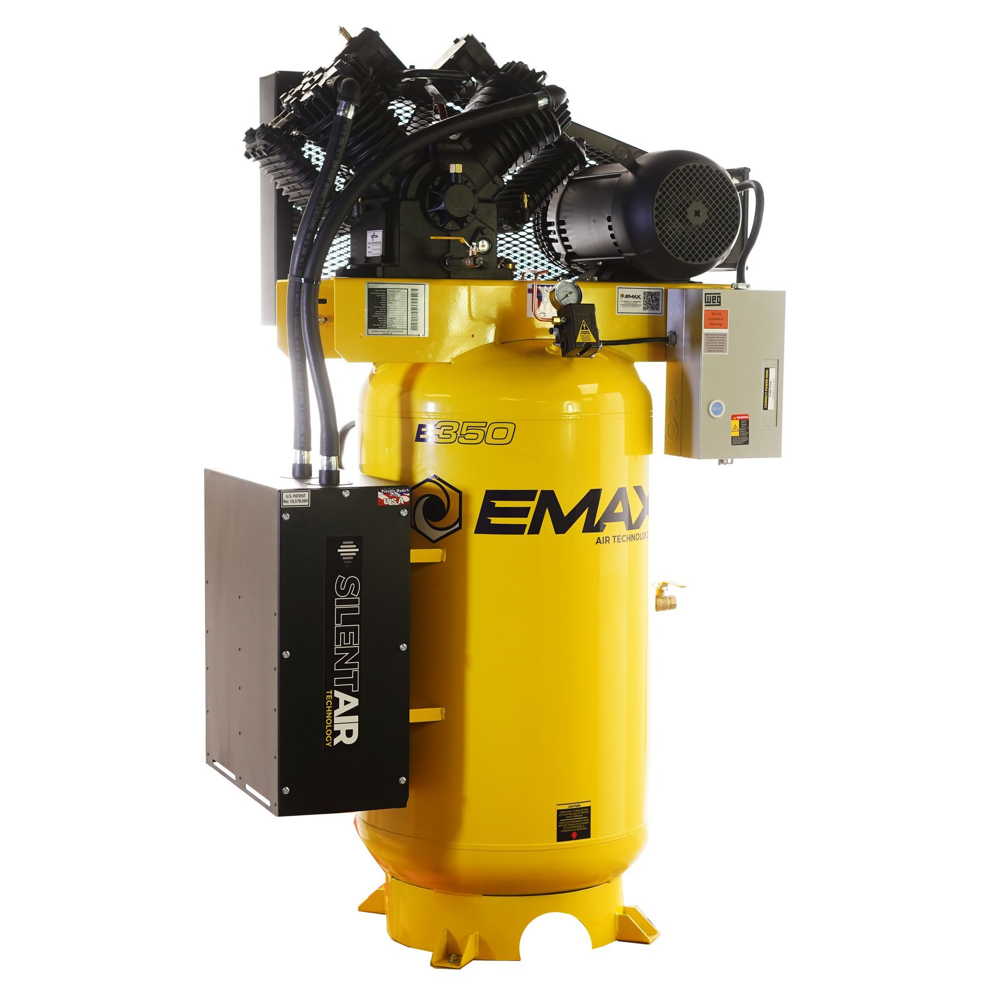 A yellow air compressor is sitting on top of a yellow tank.