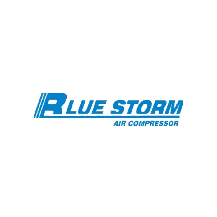A blue storm air compressor logo on a white background