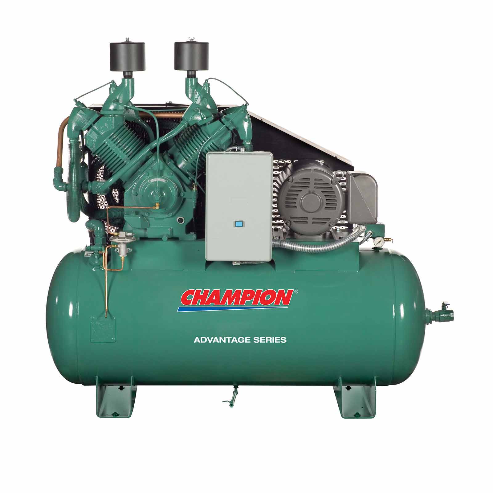 A green champion air compressor with a tank on a white background.