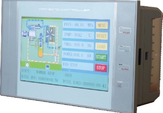 A computer monitor with a green start button