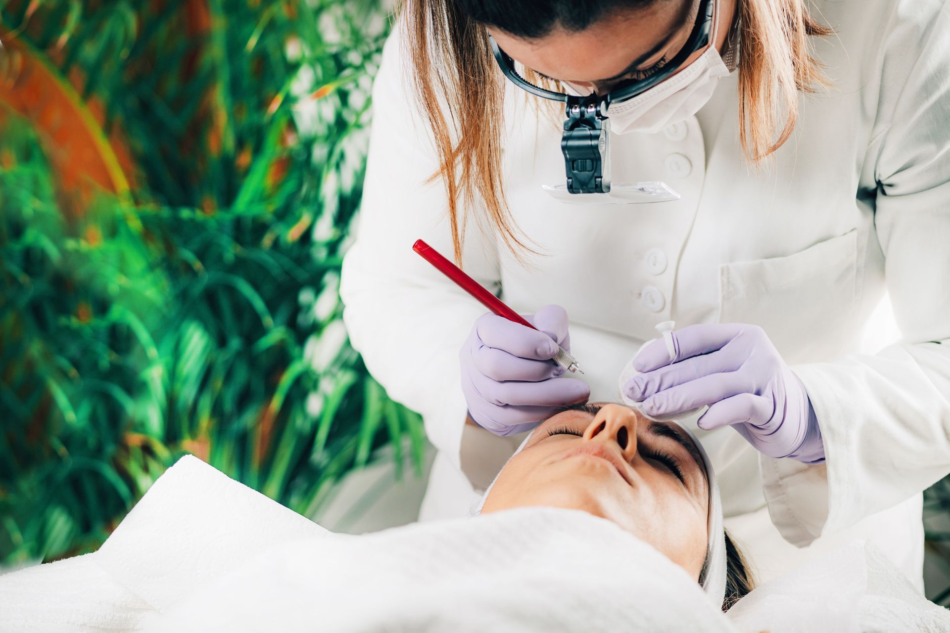 A beautician applies a facial treatment with a red brush to a reclining client in a spa setting