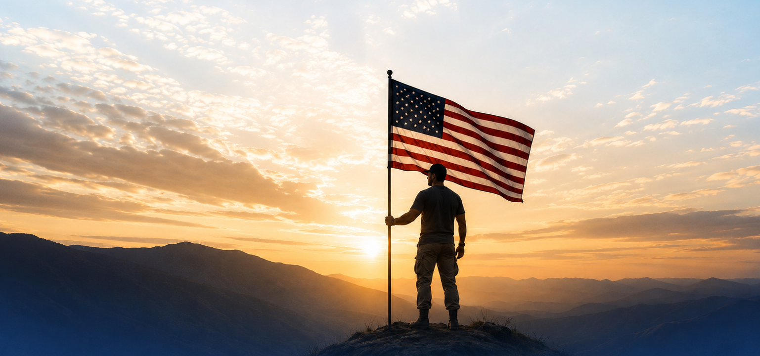 AI-generated silhouette of a man holding a U.S. flag at sunrise over mountains