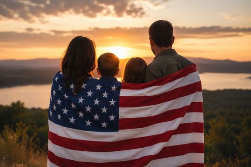 AI-generated image of a family wrapped in an American flag. 