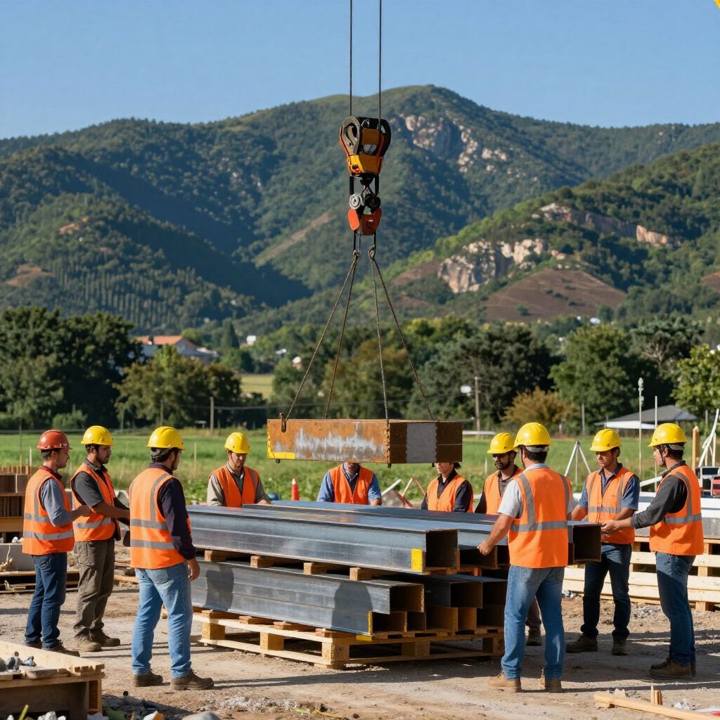 Construction workers in safety gear lifting metal beams with a crane, mountain backdrop.