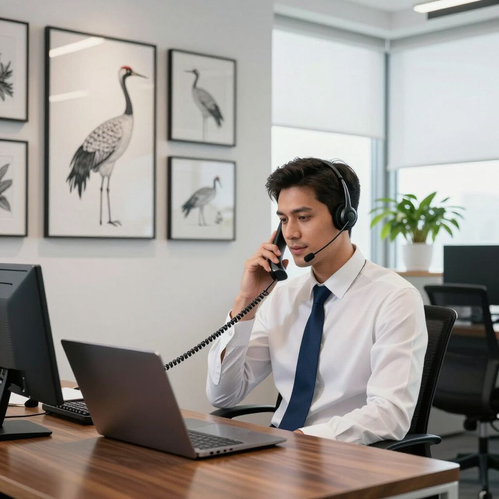 Man wearing headset and tie, talking on phone, working at desk with laptop in office.
