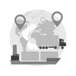 Global shipping and logistics illustration: airplane, truck, ship, map, and location markers.