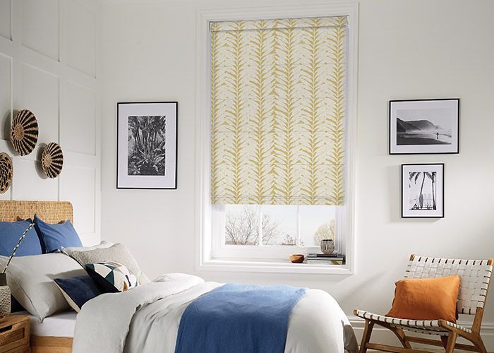 Bedroom With a Patterned Window Shade — Wares Blinds, Screens & Awnings In Agnes Water, QLD