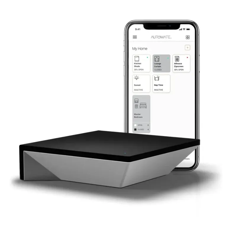 Smart home hub next to a smartphone displaying an app interface Wares Blinds, Screens & Awnings In Gladstone Central, QLD