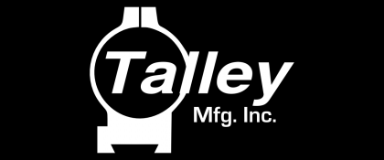 A white logo on a black background for a company called talley mfg . inc.