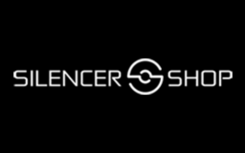 A logo for silencer shop on a black background