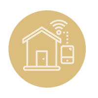A line drawing of a house with a remote control attached to it.