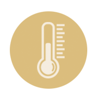 A thermometer icon in a gold circle on a white background.