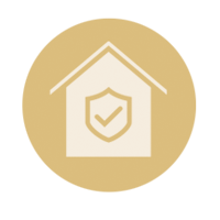 An icon of a house with a shield and a check mark on it.