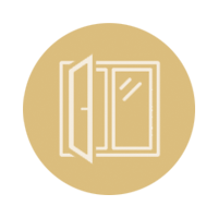 A line drawing of an open window in a gold circle.