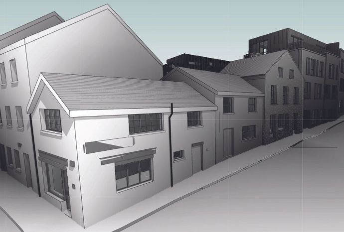 A black and white drawing of a row of houses
