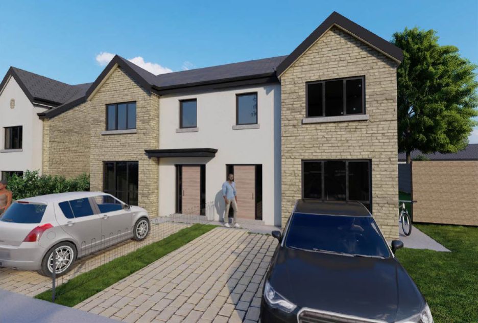 An artist 's impression of a house with a car parked in front of it.