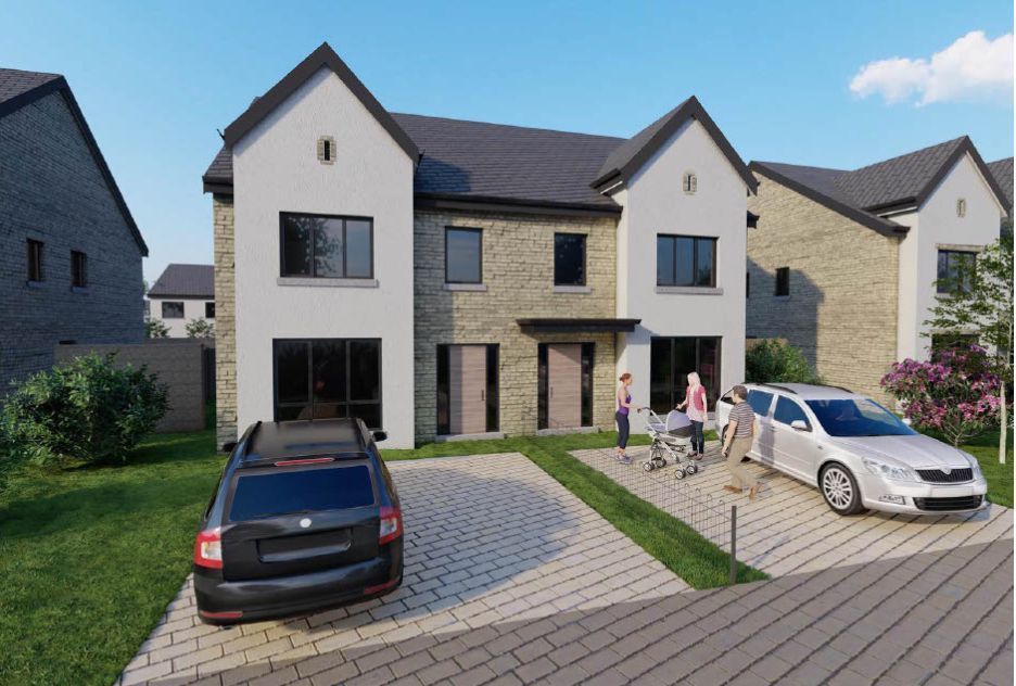 An artist 's impression of a house with cars parked in front of it