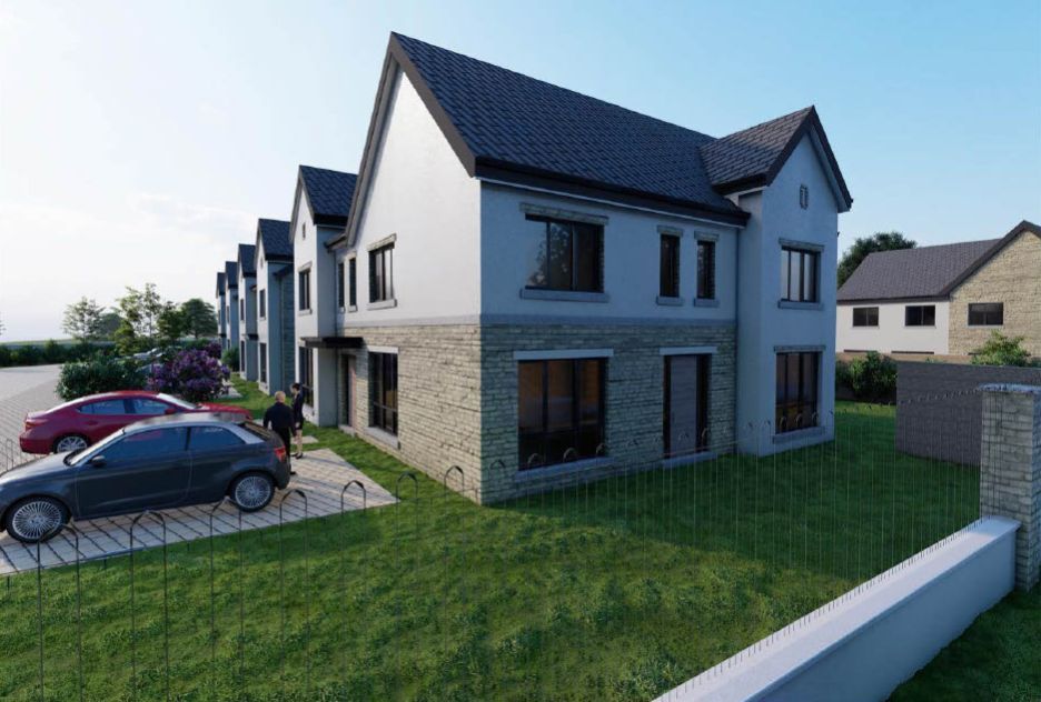 An artist 's impression of a row of houses with cars parked in front of them.