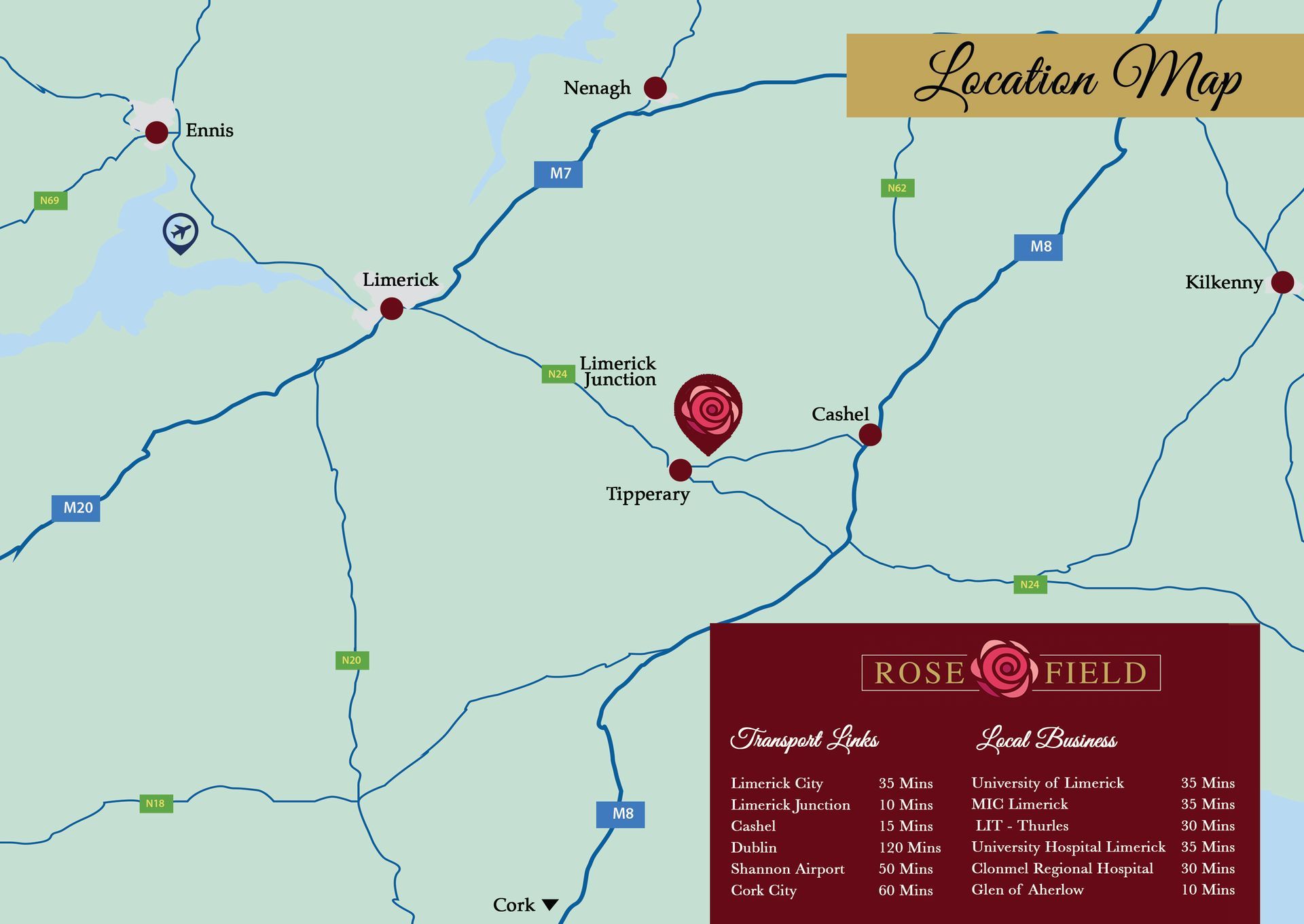 A map showing the location of the rose field