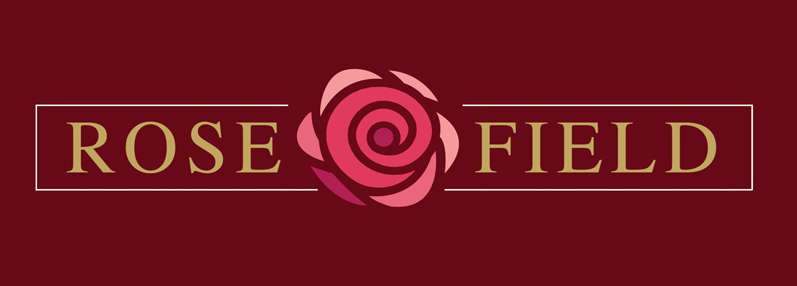 A logo for rose field with a rose in the middle