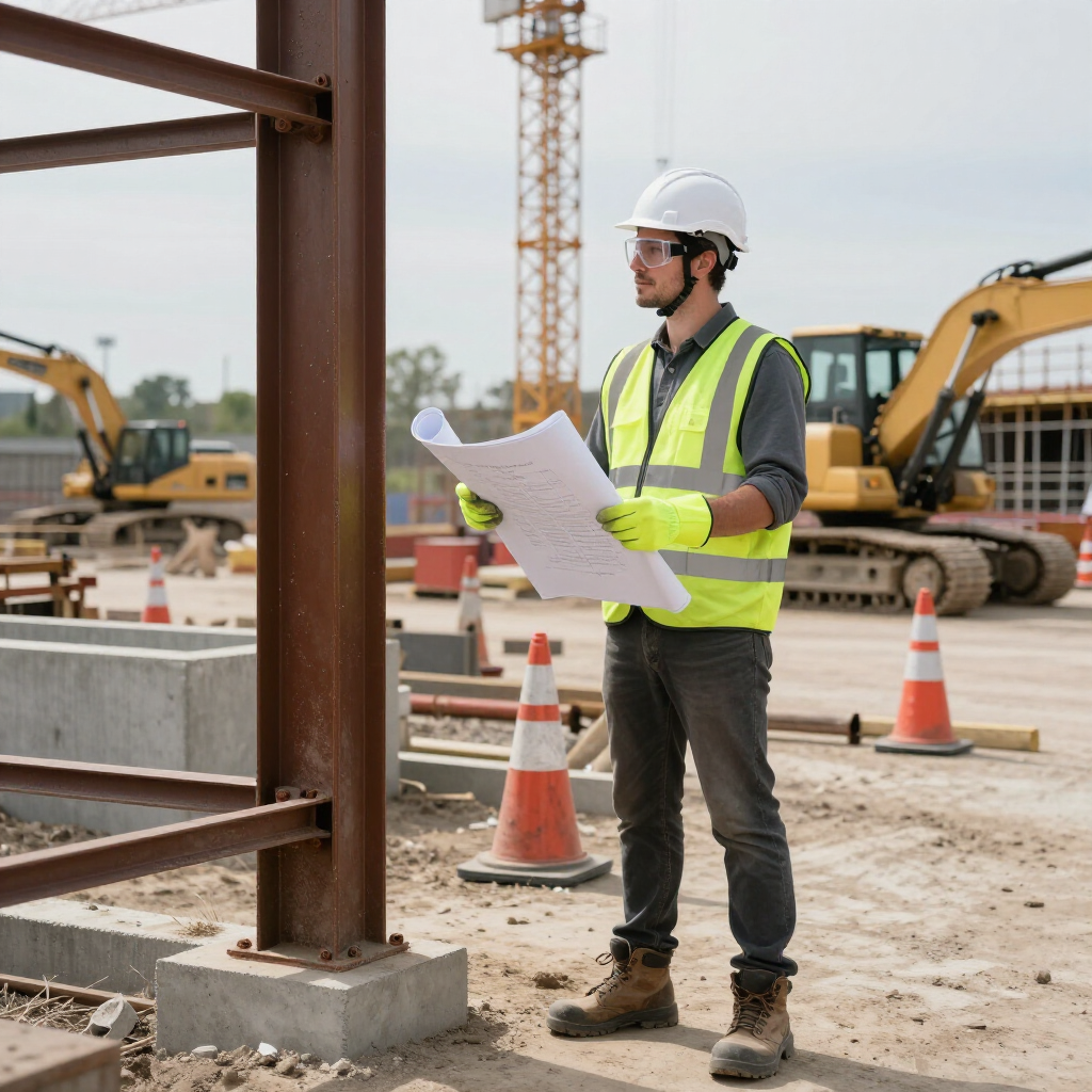 Construction worker in hard hat and safety vest reviewing plans at a building site with excavators and cones.