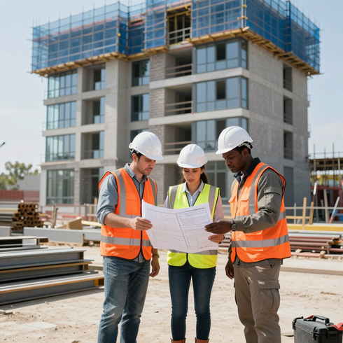 Three construction workers in hard hats review blueprints at a building site.