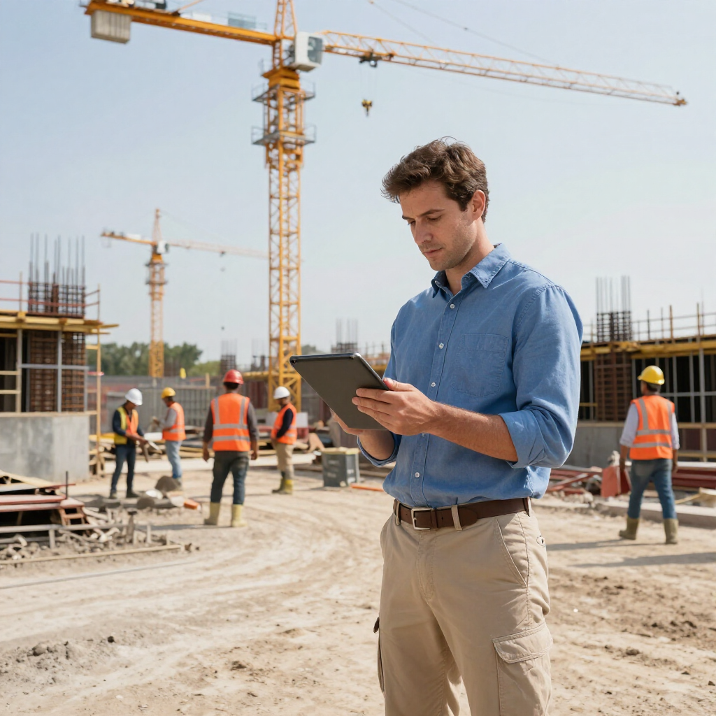 Contractor using a tablet at a construction site with cranes and workers in the background