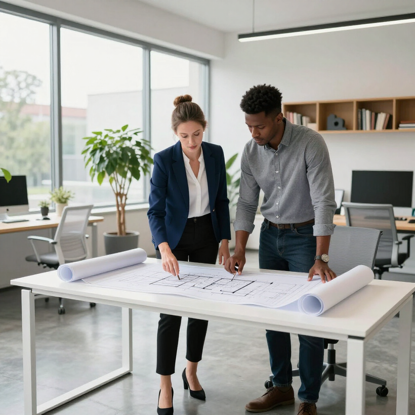 Two coworkers reviewing blueprints at a table in a bright office