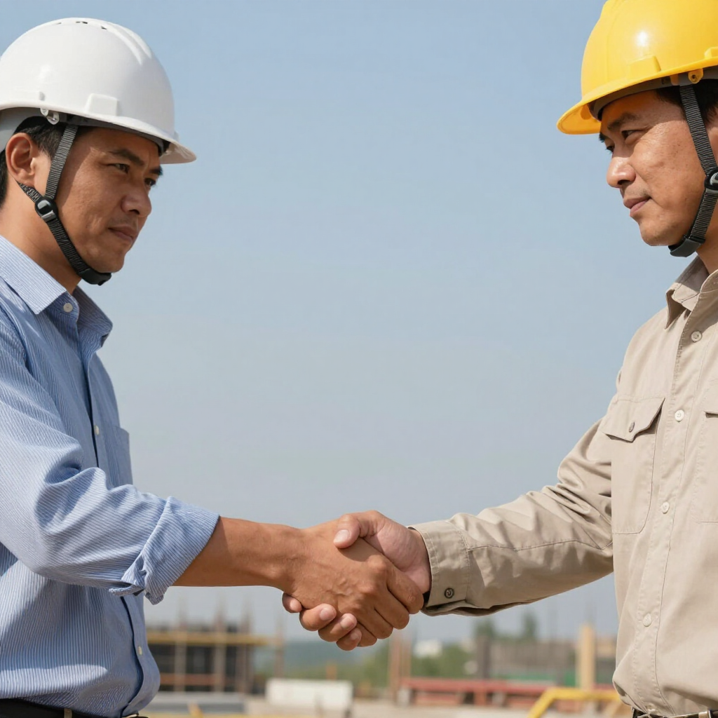 Two construction workers in hard hats shaking hands at a work site under a clear sky
