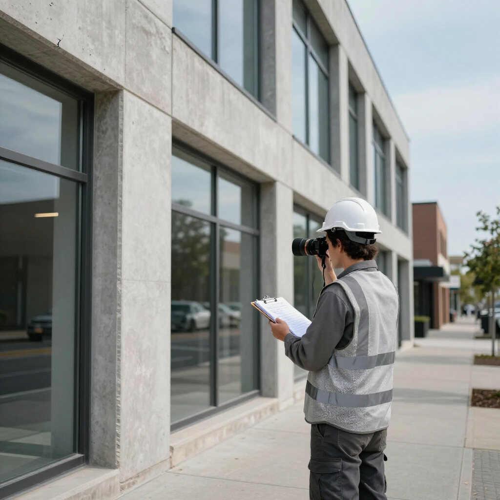Construction worker in hard hat and reflective vest inspecting a building exterior with a clipboard