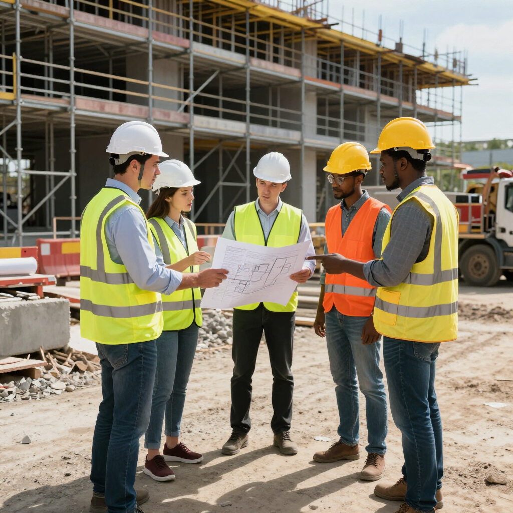 Construction crew in hard hats and safety vests reviewing blueprints at a building site