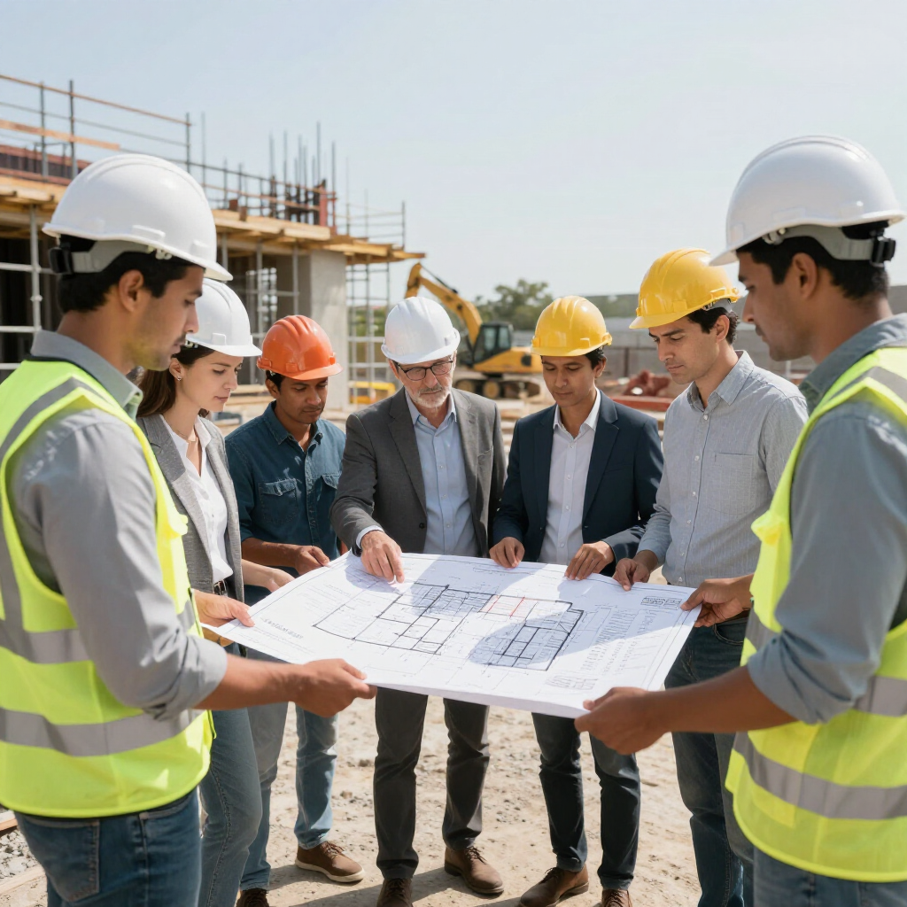 Construction team in hard hats reviewing blueprints at a building site