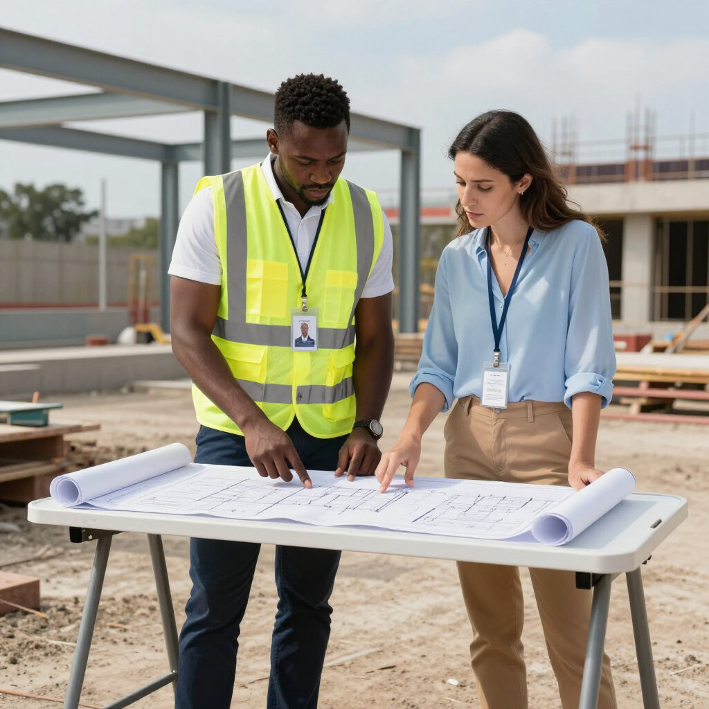 Two construction inspectors review blueprints at a building site, one in a neon safety vest.