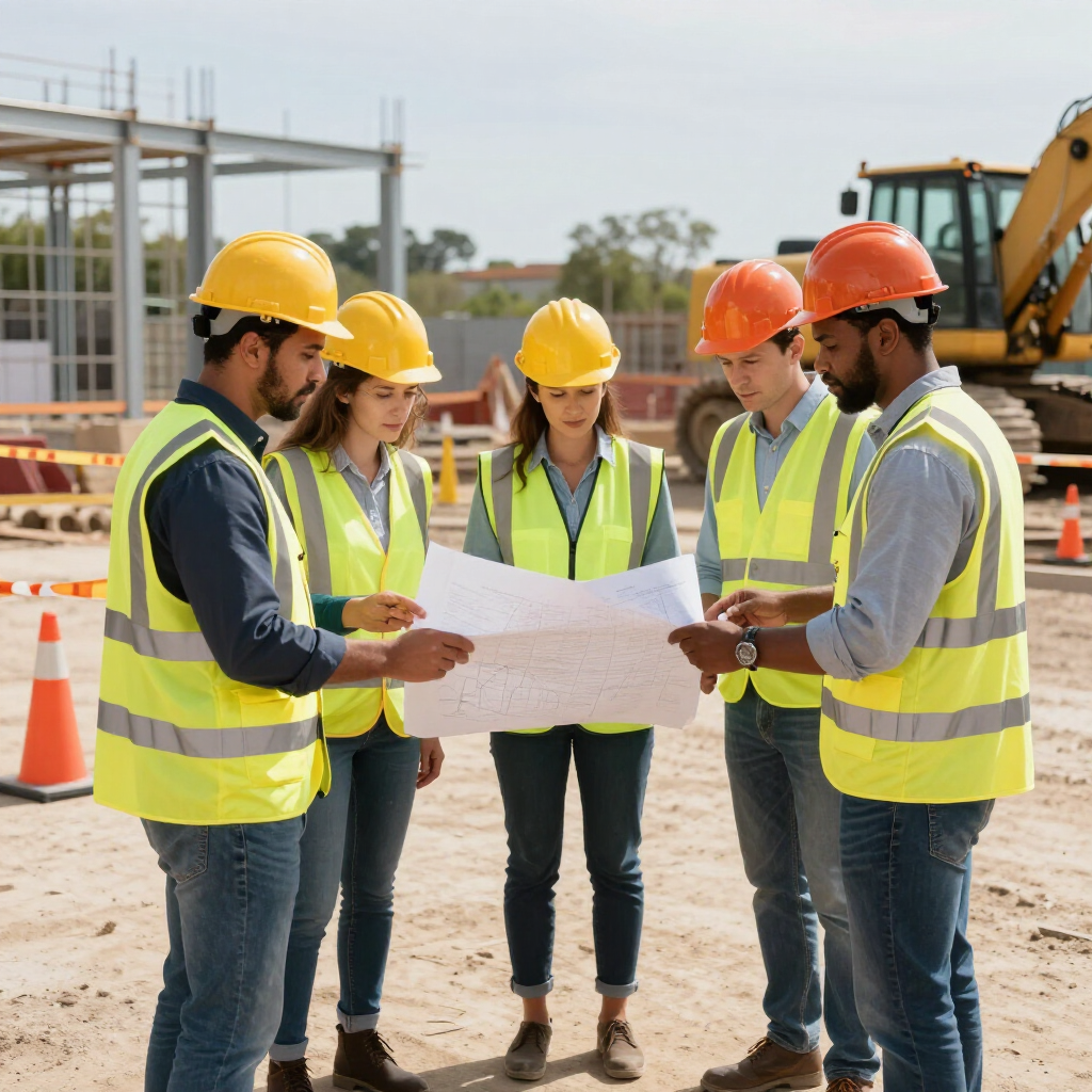 Construction team in hard hats and safety vests reviewing a blueprint at an outdoor site.